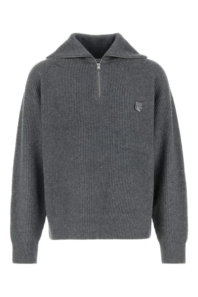 Maison Kitsuné Bold Fox Head Patch Half Zip Ribbed Jumper-l Nd Maison Kitsune Male In Grey