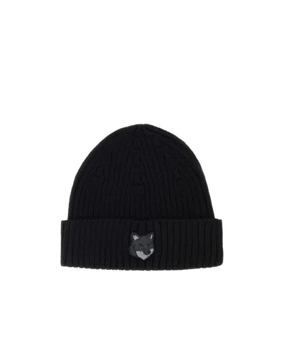 Maison Kitsuné Bold Fox Head Ribbed Beanie In Black