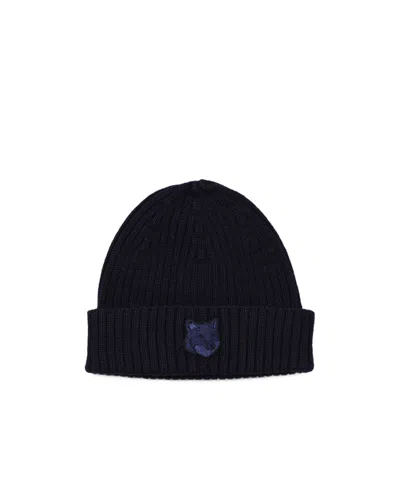 Maison Kitsuné Bold Fox Head Ribbed Beanie In Black