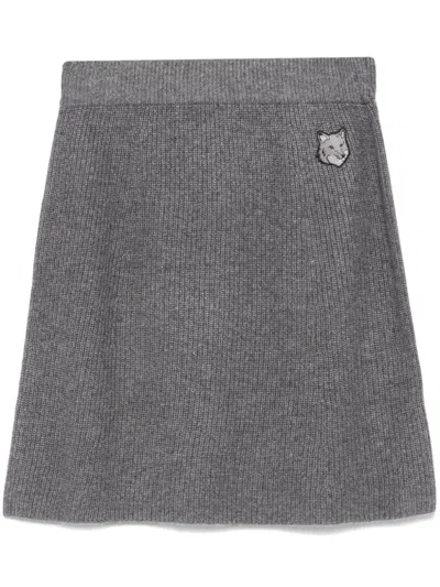 Maison Kitsuné Bold Fox Head Ribbed Mini Skirt In Grey