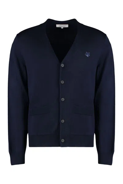 Maison Kitsuné Bold Fox Head Wool Cardigan In Blue