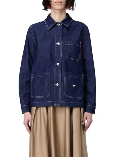 Maison Kitsuné Boxy Denim Jacket With Contrast Stitching And Embroidered Logo In Blue