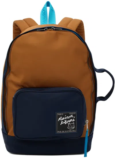 Maison Kitsuné Brown & Navy 'the Traveller' Backpack In P261 Tobacco