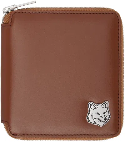 Maison Kitsuné Brown Fox Head Square Zipped Wallet In P298 Dark Brown