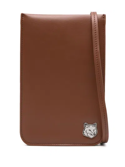 Maison Kitsuné Fox Head Leather Messenger Bag In Brown