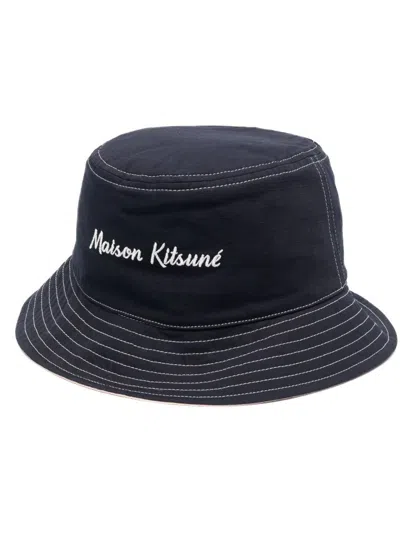 Maison Kitsuné Bucket Hat With Embroidery In Blue