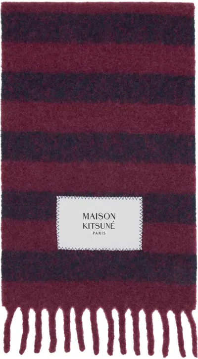 Maison Kitsuné Burgundy & Navy Striped Scarf In Grape/ink Blue Rugby