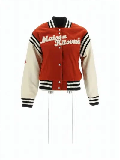 Maison Kitsuné Burnt Orange Wool Varsity Jacket With Textured Logo Patch In Red