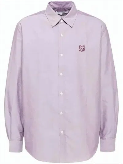 Maison Kitsuné Button-down Long Sleeve Shirt With Embroidered Fox Detail In Purple