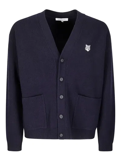 Maison Kitsuné V-neck Ramswool Cardigan With Embroidered Fox Emblem In Blue