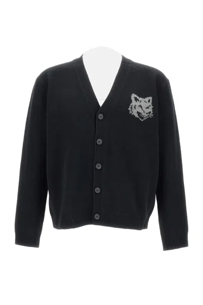 Maison Kitsuné Button-up Cardigan Sweater With V-neckline In Black