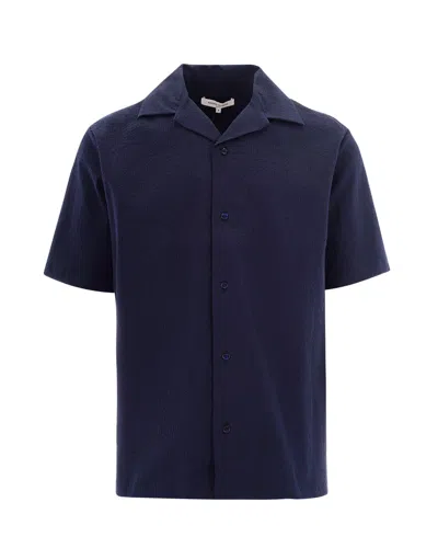 Maison Kitsuné Short-sleeved Resort Shirt In Textured Seersucker Cotton In Blue