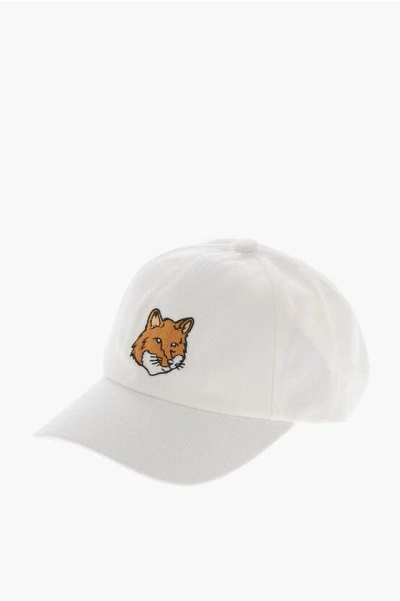 Maison Kitsuné Canvas Baseball Cap With Embroidered Patch In White