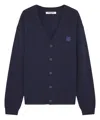 Maison Kitsuné Wool Blend Cardigan With Embroidered Foxy Patch On The Front In Blue