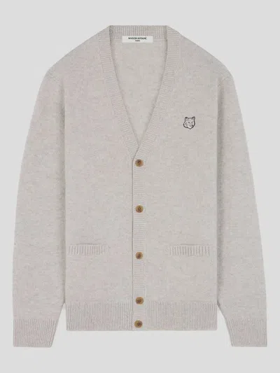 Maison Kitsuné Logo-embroidered Wool Cardigan In Grey