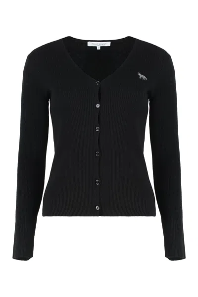 Maison Kitsuné Cardigan Made Of Fine Ribbed Wool In Black