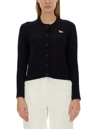 Maison Kitsuné Black Baby Fox Patch Fine Ribbed Cardigan In Blue