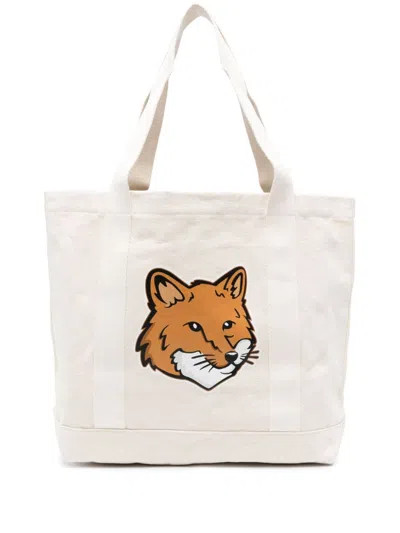 Maison Kitsuné Printed Cotton Tote Bag In Beige