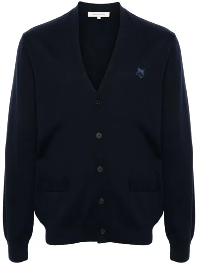 Maison Kitsuné Wool V-neck Cardigan Front Pockets In Blue