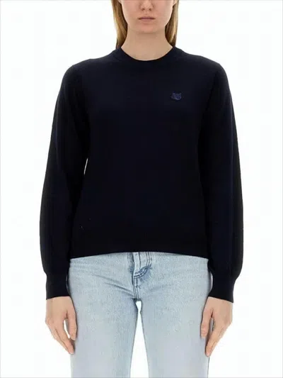 Maison Kitsuné Classic Crew Neck Sweater With Puff Sleeves And Ribbed Details In Black