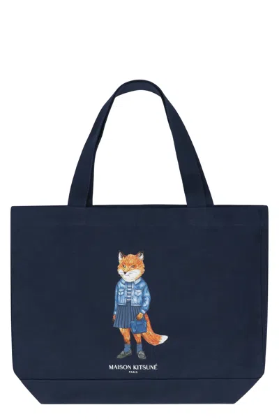 Maison Kitsuné Cotton Canvas Tote Bag In Blue