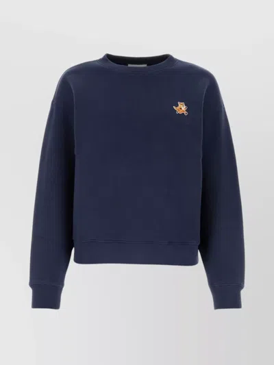Maison Kitsuné Cotton Crew Neck Sweatshirt With Embroidered Detail In Blue
