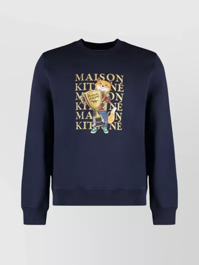 Maison Kitsuné Cotton Crew Neck Sweatshirt With Graphic Print In Blue