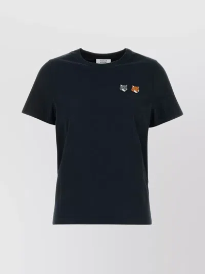 Maison Kitsuné Cotton Crew Neck T-shirt With Embroidered Detail In Blue