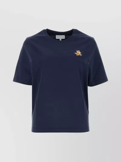 Maison Kitsuné Cotton T-shirt Featuring Embroidered Detail In Blue