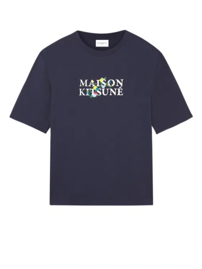 Maison Kitsuné Cotton T-shirt With Frontal Logo In Blue