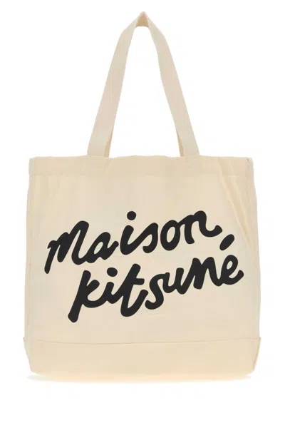 Maison Kitsuné Cream Canvas Shopping Bag In Brown