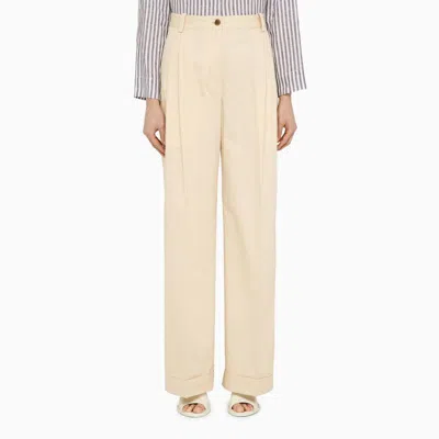 Maison Kitsuné Cream-coloured Cotton Trousers With Embroidered Logo Detail In White