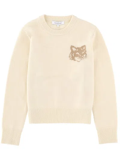Maison Kitsuné Creamy Beige Fox Head Wool Crewneck Sweater In White