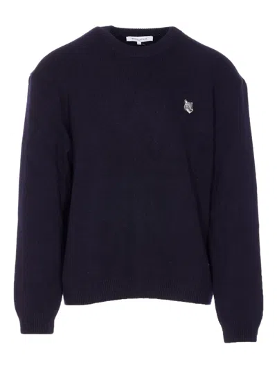 Maison Kitsuné Fox Head Milano Lambswool Jumper Knitwear Blue In Black