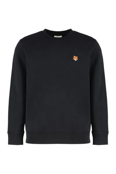 Maison Kitsuné Wool Crewneck Sweater Featuring Fox Design In Black