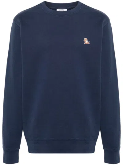 Maison Kitsuné Crew Neck Sweatshirt With Embroidered Patch In Blue