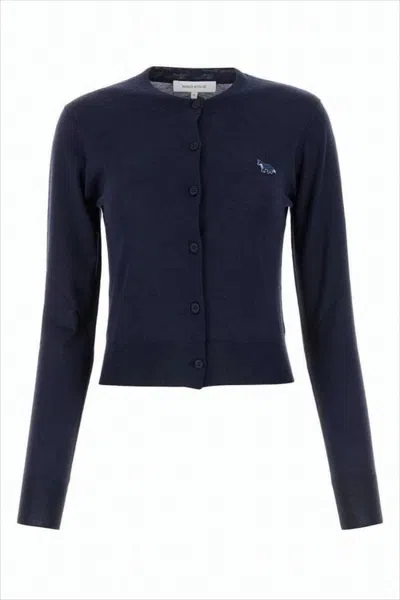 MAISON KITSUNÉ CROPPED BLUE WOOL CARDIGAN WITH BUTTON-DOWN CLOSURE AND EMBROIDERED DETAIL
