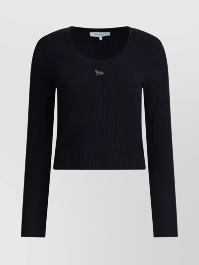 Maison Kitsuné Cropped Knitwear With Long Sleeves And Ribbed Texture In Black