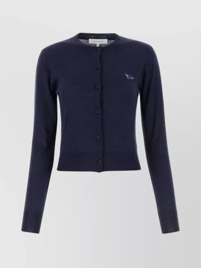 Maison Kitsuné Cropped Ribbed Wool Cardigan In Blue