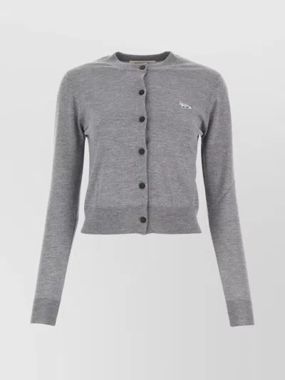 Maison Kitsuné Cropped Wool Cardigan With Ribbed Cuffs And Hem In Medium Grey Melange