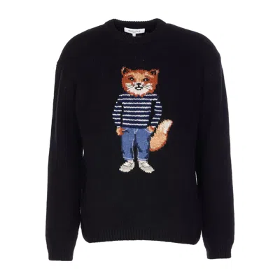 Maison Kitsuné Wool Crew Neck Long Sleeve Sweater In Black