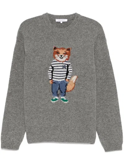 Maison Kitsuné Wool Blend Crew-neck Sweater With Fox Detail In Gray