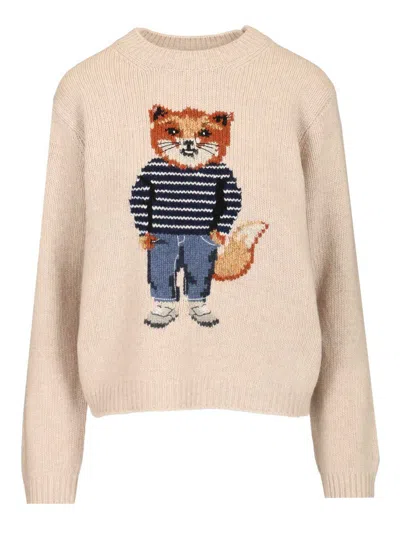 Maison Kitsuné Dressed Fox Intarsia Wool Jumper Knitwear White In Multi