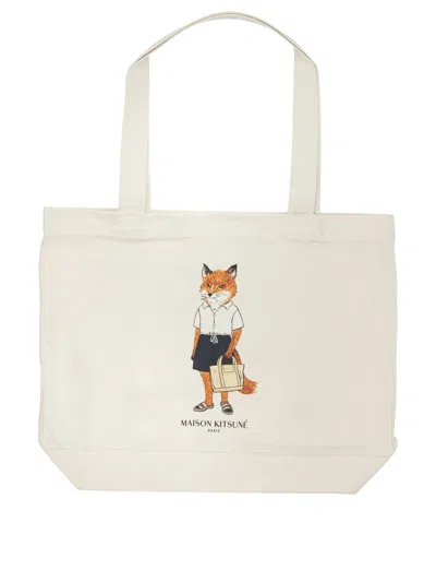 Maison Kitsuné "dressed Fox" Large Shoulder Bag In Neutral