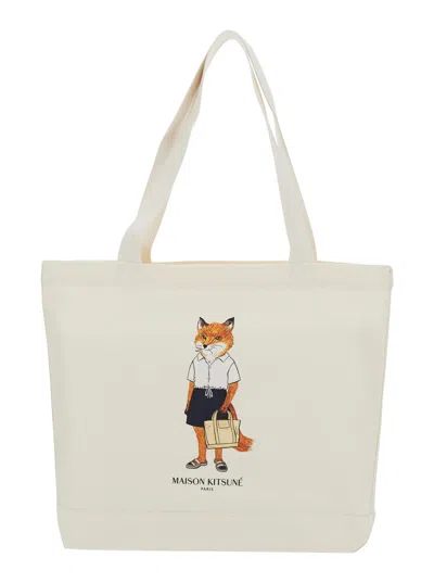Maison Kitsuné Fox-print Tote Bag In Neutral