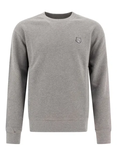 Maison Kitsuné Heathered Grey Long-sleeve Sweatshirt With Ribbed Details And Iconic Emblem In Gray