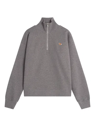 Maison Kitsuné Embroidered Half-zip Sweatshirt In Gray