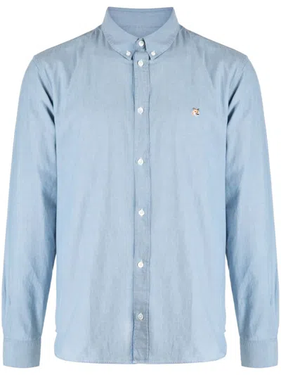 Maison Kitsuné Embroidered-logo Cotton Shirt In Blau