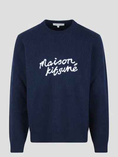 Maison Kitsuné Embroidered Logo Wool Jumper In Blue