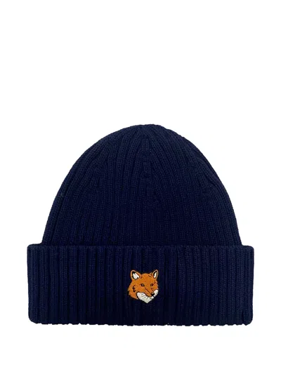 Maison Kitsuné Embroidered Ribbed Hat In Blue